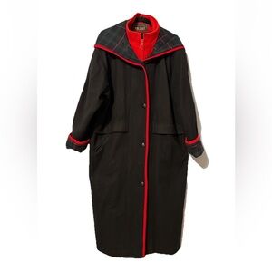 VTG Herman Kay Bib Coat Women 14 Wool Long Plaid Trim Black Red Zip Front Hooded